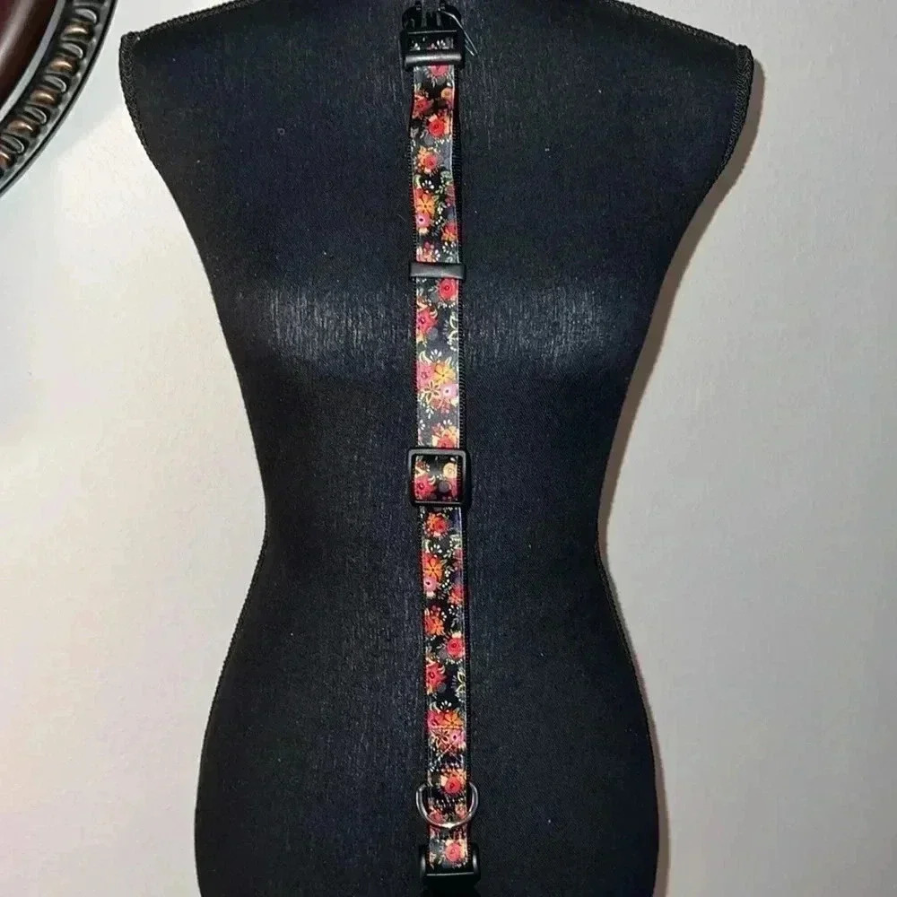 Dog Collar Orange Pink Floral Black Extra Large Heavy Duty Quick Release Collar - Picture 13 of 16